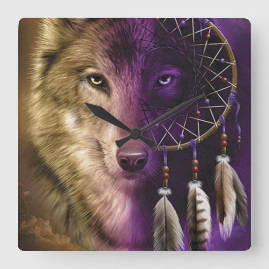 Wolf and Dream Catcher Quadratische Wanduhr (Vorderseite)