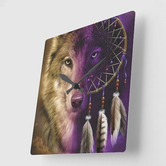 Wolf and Dream Catcher Quadratische Wanduhr (Winkel)