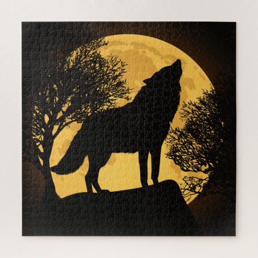Wolf and Moon Black and Yellow Jigsaw Puzzle (Vertikal)