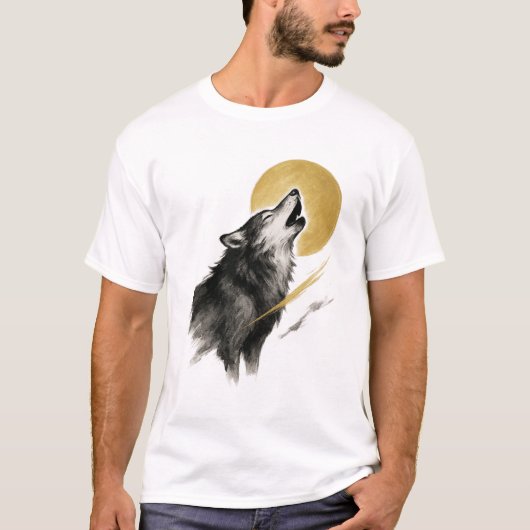【Wolf and Moon Japanese Ink Art T-Shirt】 T-Shirt (Vorderseite)
