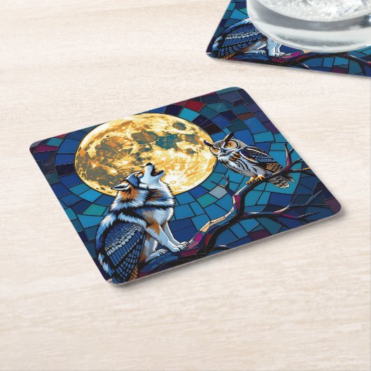 Wolf and Owl Mosaic Art Rechteckiger Pappuntersetzer (angewinkelt)