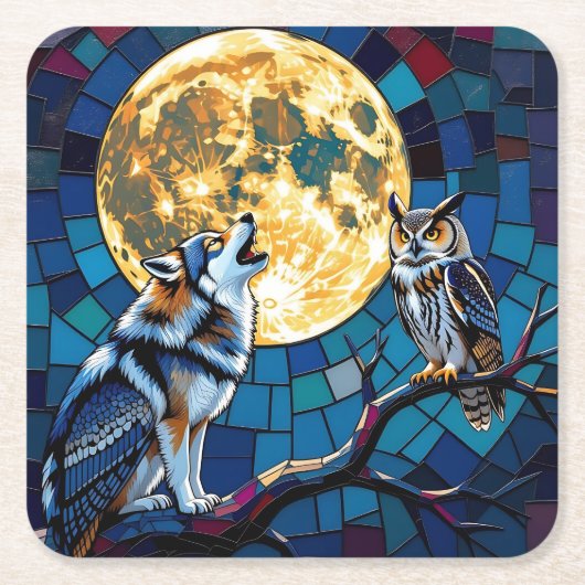Wolf and Owl Mosaic Art Rechteckiger Pappuntersetzer (Vorderseite)