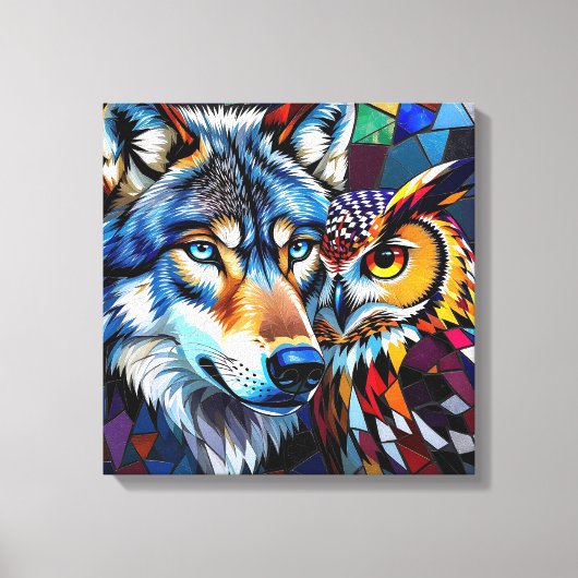 Wolf and Owl Vibrant and Colorful Leinwanddruck (Vorderseite)