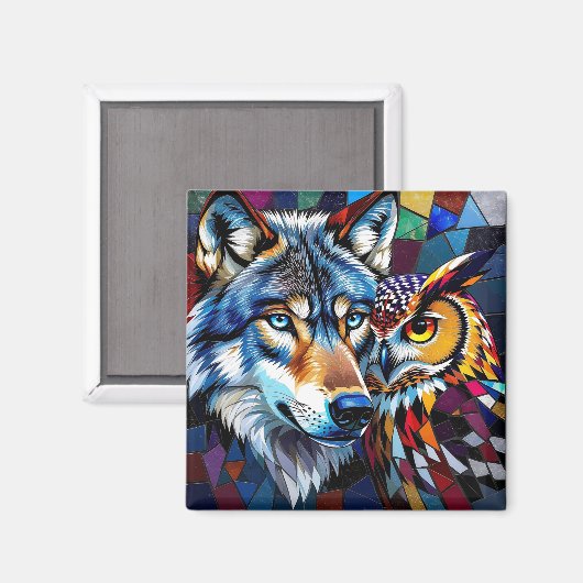 Wolf and Owl Vibrant and Colorful  Magnet (Vorderseite/Rückseite)