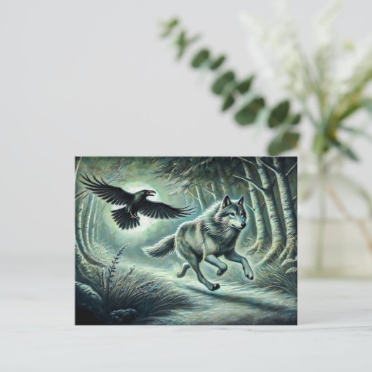 Wolf and Raven in Moonlight Postkarte (Stehend Vorderseite)