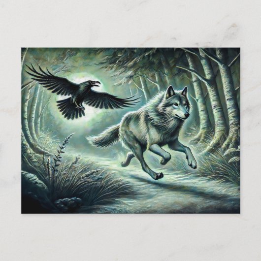 Wolf and Raven in Moonlight Postkarte (Vorderseite)