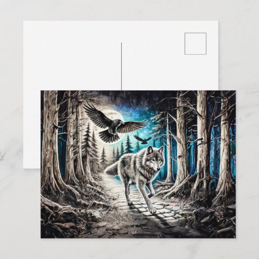 Wolf and Raven in Moonlight Postkarte (Vorne/Hinten)