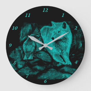 Wolf and Raven in the Night Große Wanduhr