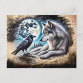 Wolf and Raven on Rock at Full Moon Postkarte (Vorderseite)