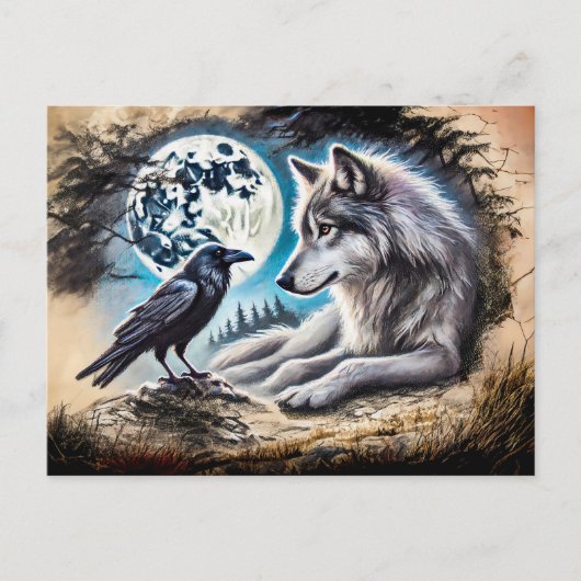 Wolf and Raven on Rock at Full Moon Postkarte (Vorderseite)