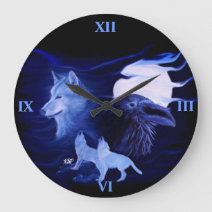 Wolf and Raven with full moon Große Wanduhr