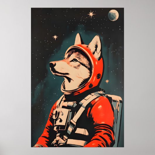 Wolf Astronaut Poster, Wolf Retro Druck, Wolf Poster (Vorne)