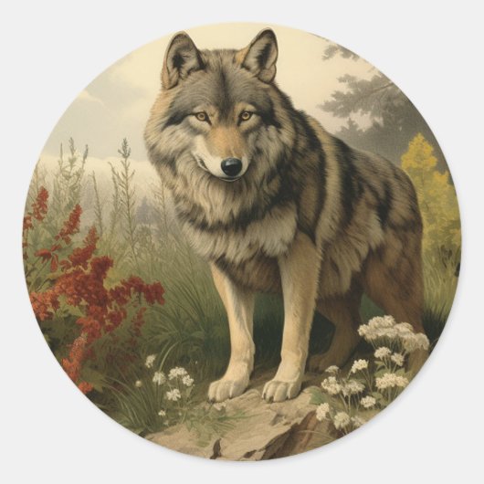 Wolf Auf Wiese Rund Aufkleber (Vorderseite)