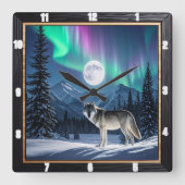 Wolf Aurora Borealis Wildlife Quadratische Wanduhr (Vorderseite)
