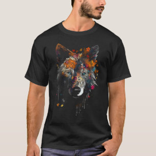 Wolf Autumn Leaves - Blue Eyes - Animal Art Motif T-Shirt