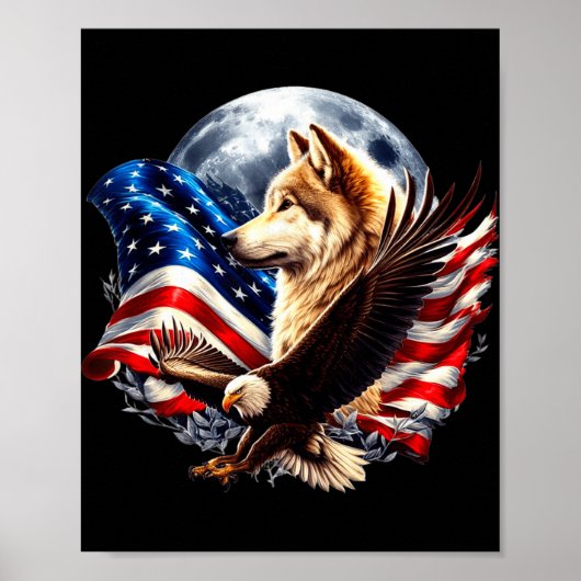 Wolf Bald Eagle American Flag Full Moon New Years Poster (Vorne)