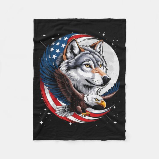 Wolf Bald Eagle American Flag Vollmond Neue Jahre Fleecedecke (Vorderseite)