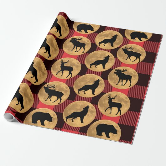 Wolf Bear Elk Moose Deer Full Moon Geschenkpapier (Ungerollt)