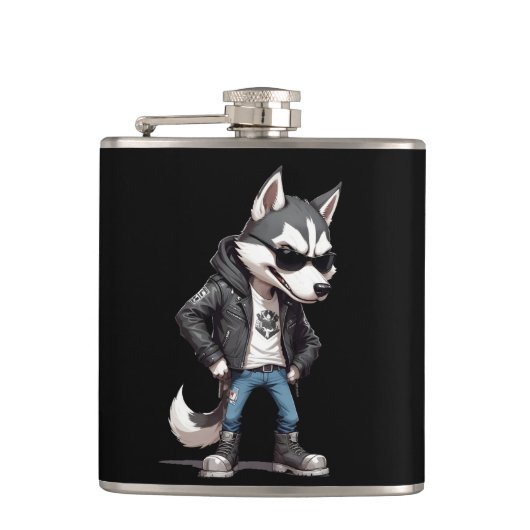 Wolf Biker Rebel Leather Jacket Cool Style Urban Flachmann (Vorderseite)