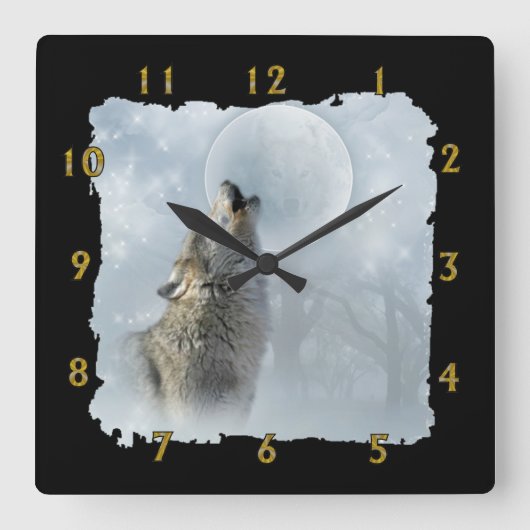 Wolf-blauer Mond Quadratische Wanduhr (Vorderseite)