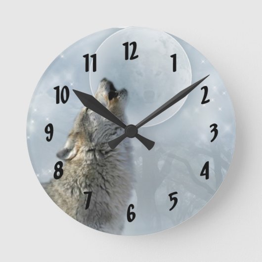 Wolf-blauer Mond Runde Wanduhr (Vorderseite)