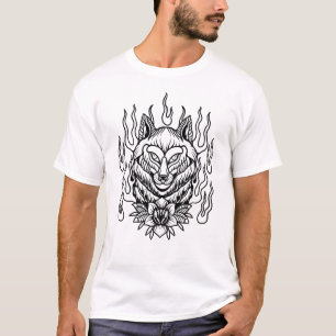 Wolf-Blume mit Flammen Tätowierdesign T - Shirt