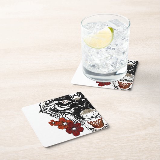 Wolf Blume Tatoo Vintag Rechteckiger Pappuntersetzer (Vor Ort)