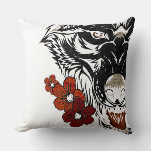 Wolf Blumen Tattoo Vintage Kissen