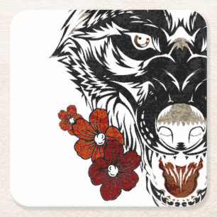 Wolf Blumen Tattoo Vintage Rechteckiger Pappuntersetzer