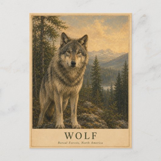 Wolf Boreal Wald VINTAGE Postkarte (Vorderseite)