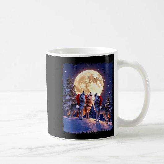 Wolf Christmas Funny 3 Wolf Howling Moon Santa Hat Kaffeetasse (Rechts)