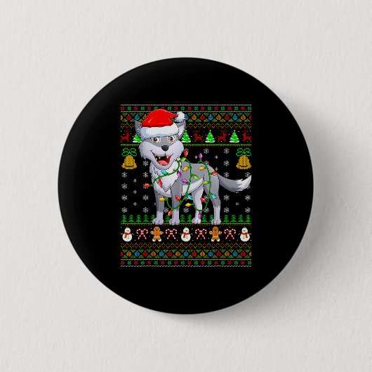 Wolf Christmas Lights Funny Santa Ugly Sweaters Cu Button (Vorderseite)