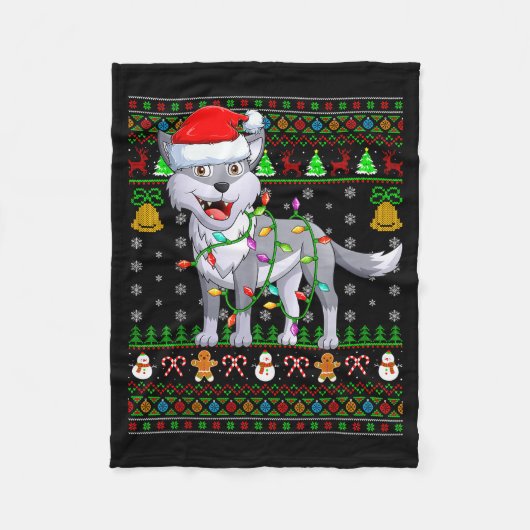 Wolf Christmas Lights Funny Santa Ugly Sweaters Cu Fleecedecke (Vorderseite)