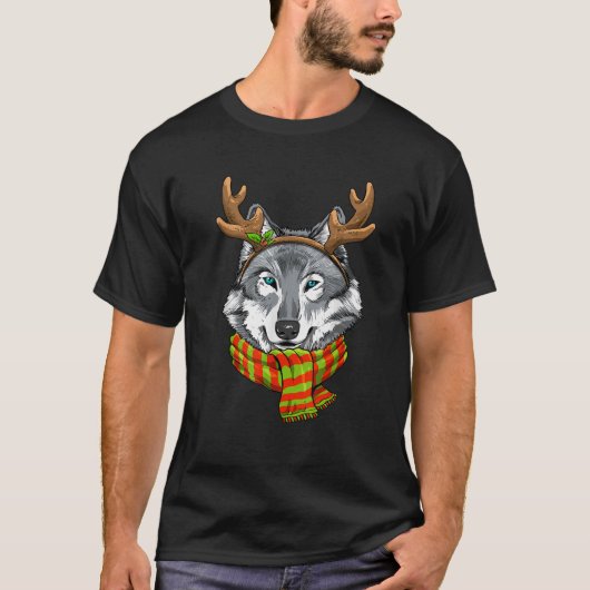 Wolf Christmas Reindeer Antlers Xmas Kids Boys Gir T-Shirt (Vorderseite)