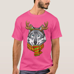 Wolf Christmas Reindeer Antlers Xmas T-Shirt