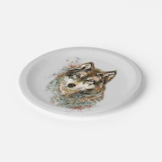 Wolf Code Inspiration Wasserfarbe Wildtier Pappteller (Schrägansicht)