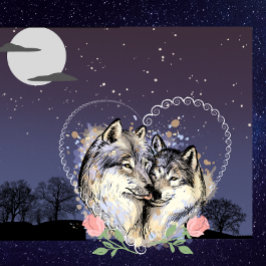 Wolf Couple Moon & Stars Throw Kissen