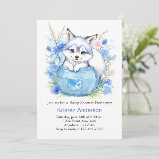 Wolf Custom Boy Baby Shower Einladung (Stehend Vorderseite)