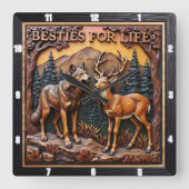 Wolf Deer Mixed Pair Forest Quadratische Wanduhr (Vorderseite)