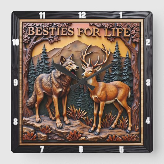 Wolf Deer Mixed Pair Forest Quadratische Wanduhr (Vorderseite)