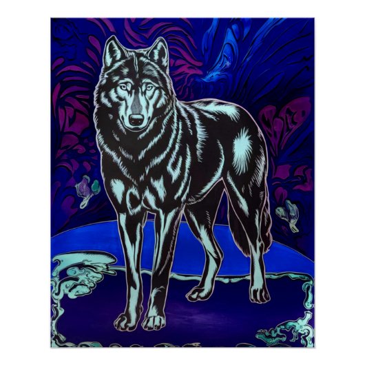 Wolf Design Glossy Art Poster Blau Lila (Vorderseite)