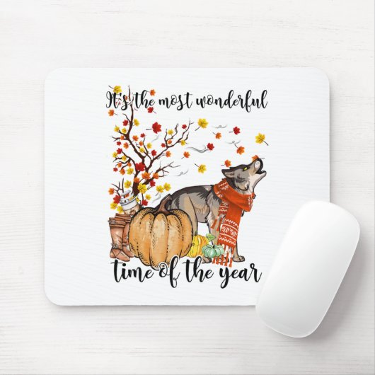 Wolf Dog Fall Pumpkins Autumn Leaf Tree Mousepad (Mit Mouse)