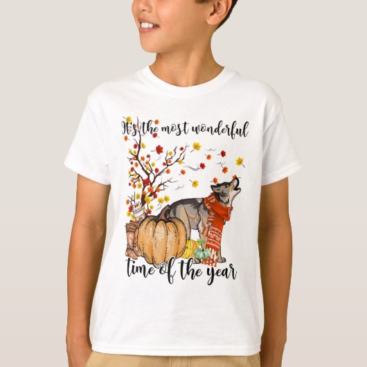 Wolf Dog Fall Pumpkins Autumn Leaf Tree T-Shirt (Vorderseite)