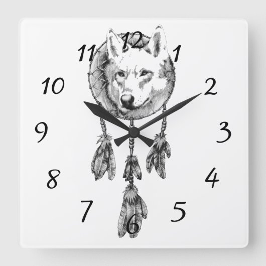 Wolf Dreamcatcher Acrylic Wall Clock Quadratische Wanduhr (Vorderseite)
