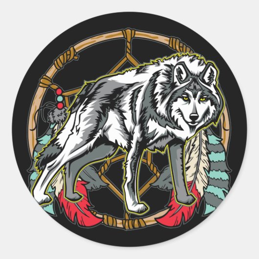 Wolf Dreamcatcher Runder Aufkleber (Vorderseite)