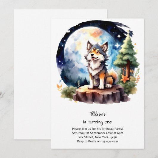 Wolf Einladung zum ersten Geburtstag (Vorne/Hinten)