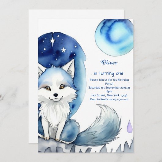 Wolf Einladung zum ersten Geburtstag (Vorne/Hinten)