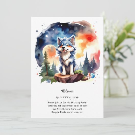 Wolf Einladung zum ersten Geburtstag (Stehend Vorderseite)