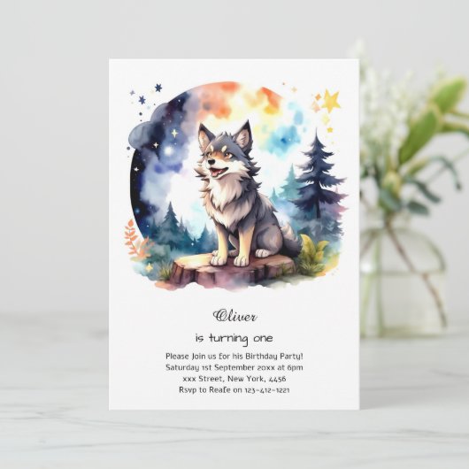 Wolf Einladung zum ersten Geburtstag (Stehend Vorderseite)