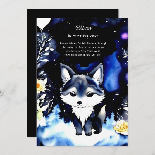 Wolf Einladung zum ersten Geburtstag (Vorne/Hinten)